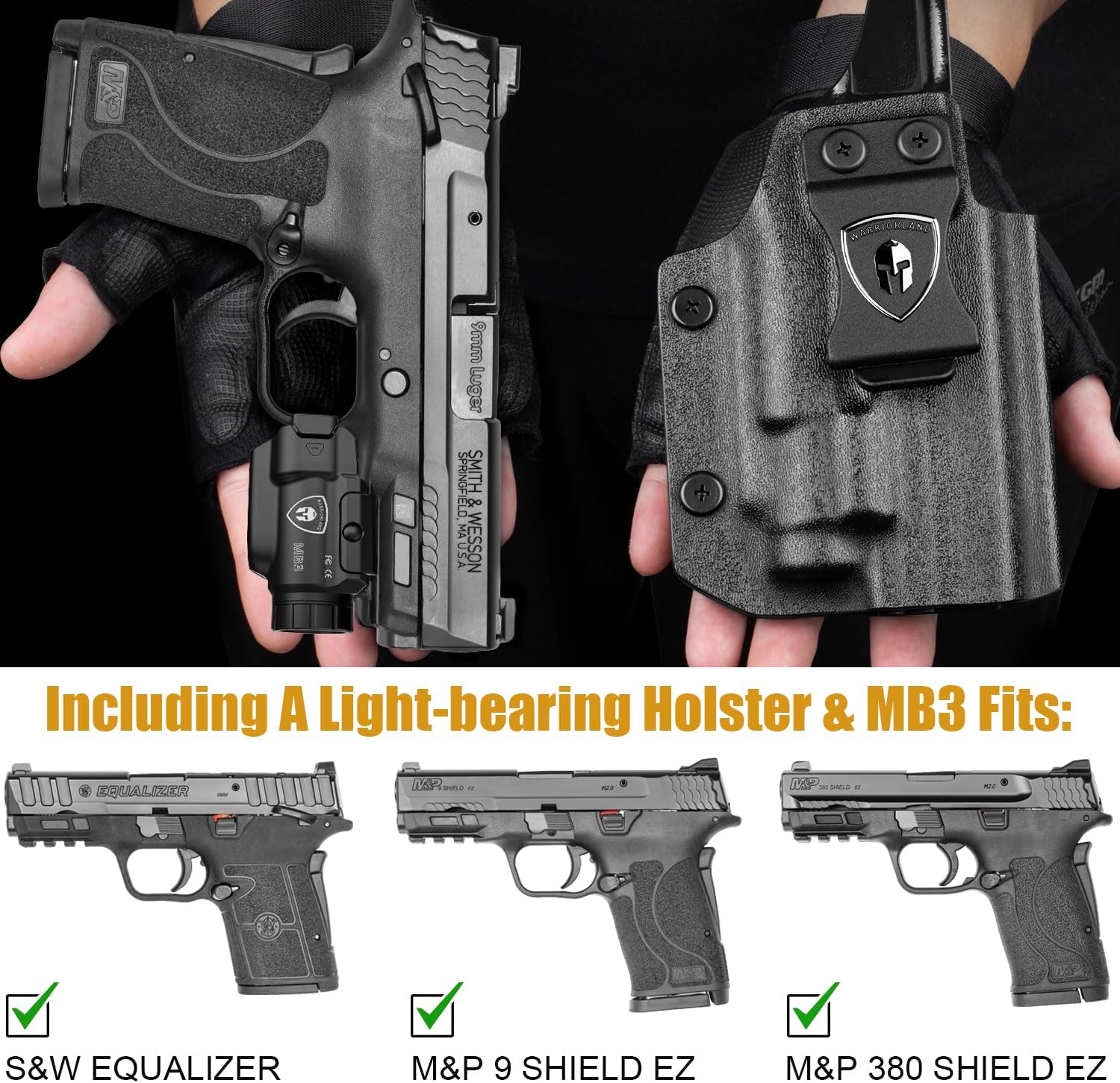 WARRIORLAND MB3 Pistol Light and Custom Kydex Holster, Fits S&W M&P Shield EZ (9mm /380 AUTO) & Equalizer, Compact 500-Lumens Tactical Weapon...
