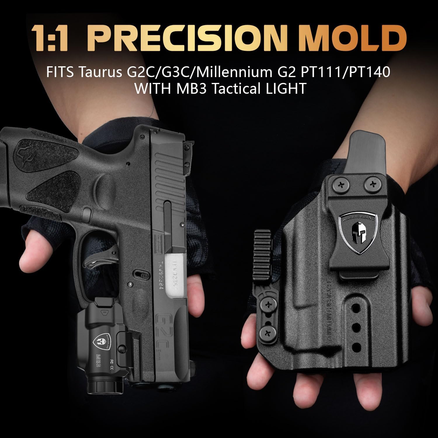 WARRIORLAND MB3 Pistol Light and Kydex Holster with Claw, Fits Taurus G2C/G3C/PT111 G2/PT140 G2, Compact 500-Lumen Universal Rail Mounted Tactical Weapon Light with Green Laser &White LED Flashlight