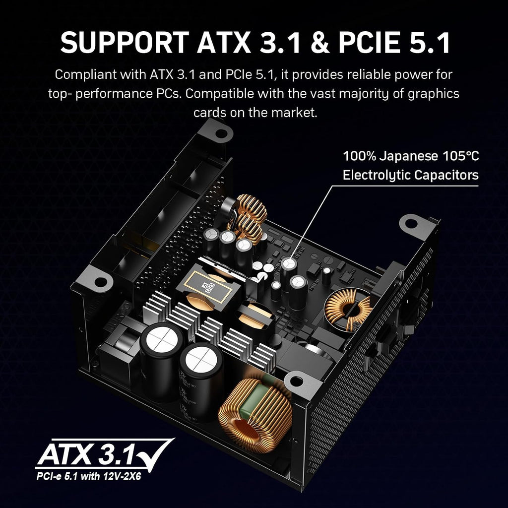 Auotac 1000W Fully Modular Power Supply, 80+ Gold PSU, ATX 3.1 & PCIe 5.1 Ready, Native Dual-Color 12V-2x6 Cable, RGB Low-Noise Smart Fan, 105°C-Rated...