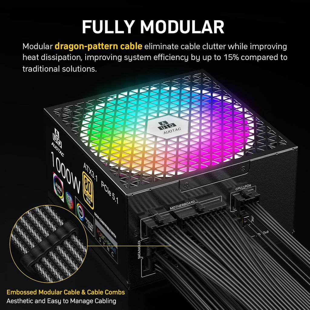 Auotac 1000W Fully Modular Power Supply, 80+ Gold PSU, ATX 3.1 & PCIe 5.1 Ready, Native Dual-Color 12V-2x6 Cable, RGB Low-Noise Smart Fan, 105°C-Rated...