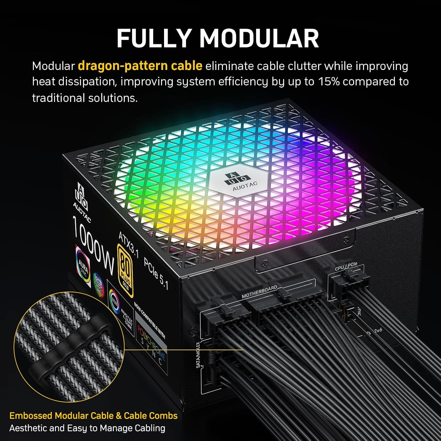 Auotac 1000W Fully Modular Power Supply, 80+ Gold PSU, ATX 3.1 & PCIe 5.1 Ready, Native Dual-Color 12V-2x6 Cable, RGB Low-Noise Smart Fan, 105°C-Rated...