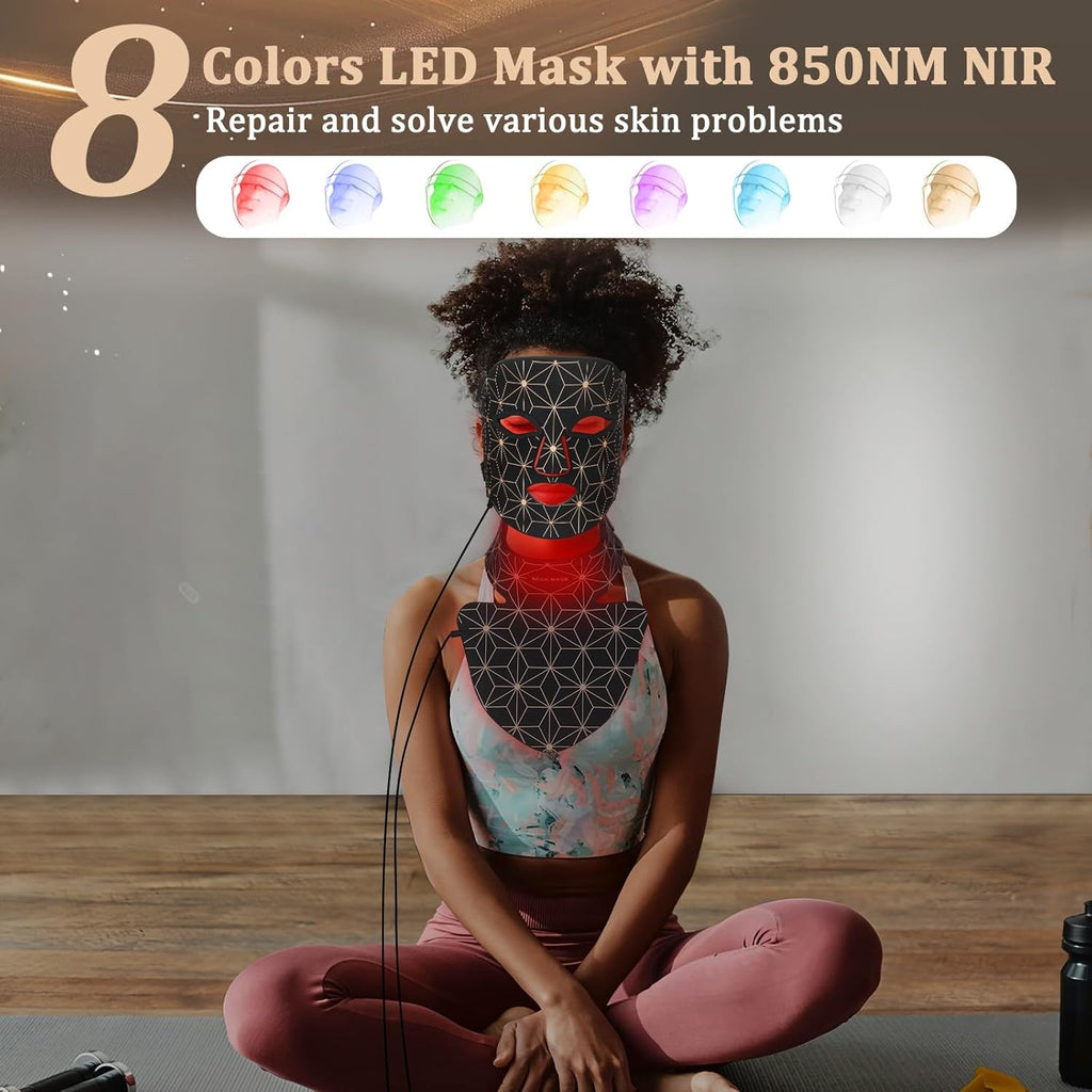 Red Light Therapy for Face and Neck, 8 Colors LED Face Mask Light Therapy with 850NM Near Infrared, 3000 mAh Rechargeable 6-In-1 Red Light Therapy Mask Set...