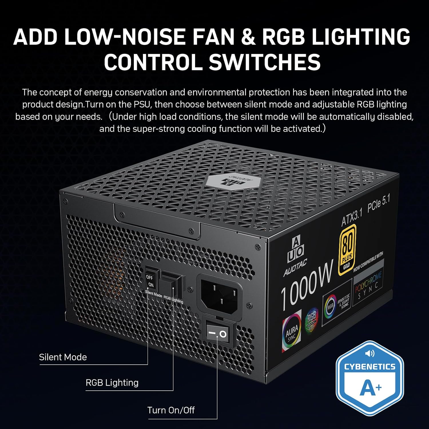 Auotac 1000W Fully Modular Power Supply, 80+ Gold PSU, ATX 3.1 & PCIe 5.1 Ready, Native Dual-Color 12V-2x6 Cable, RGB Low-Noise Smart Fan, 105°C-Rated...
