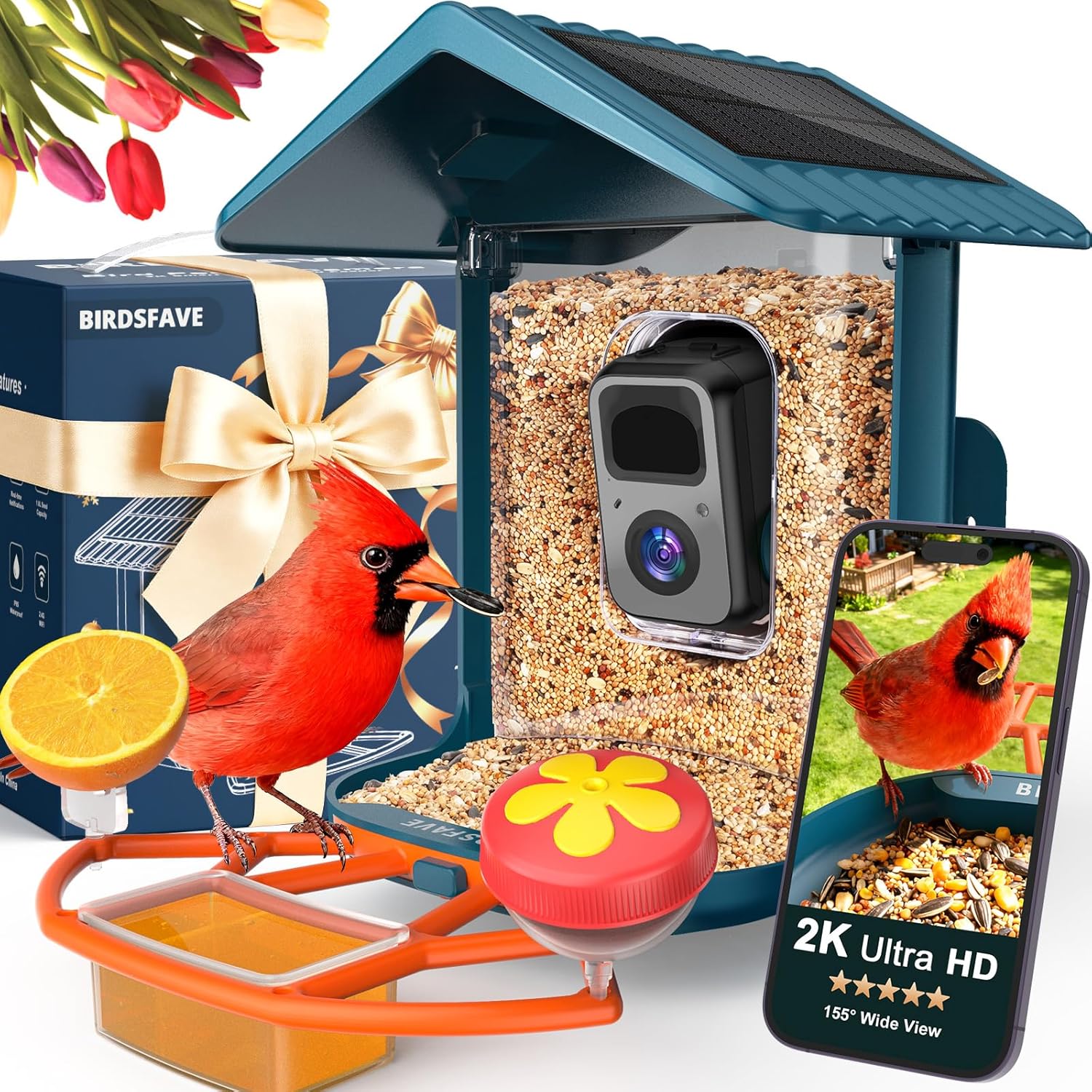 BIRDSFAVE Bird Feeder with Camera Solar Powered, 2K Live Arrival Alert Auto Capture Video with 32GB TF Card, AI Identify Smart Camera Bird Feeder Ourdoor...