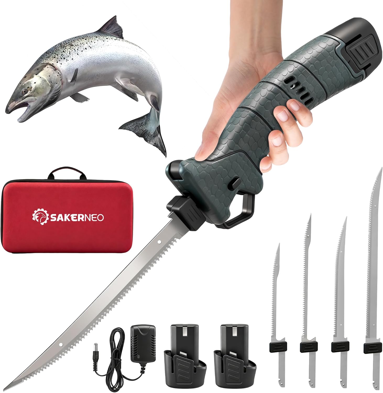SAKERNEO Electric Fillet Knife for Fish - Cordless Fillet Knife with 7-Inch 9-Inch 10-Inch Steel Blades, Dual Battery Fillet Knife Set, Electric Fish Fillet...