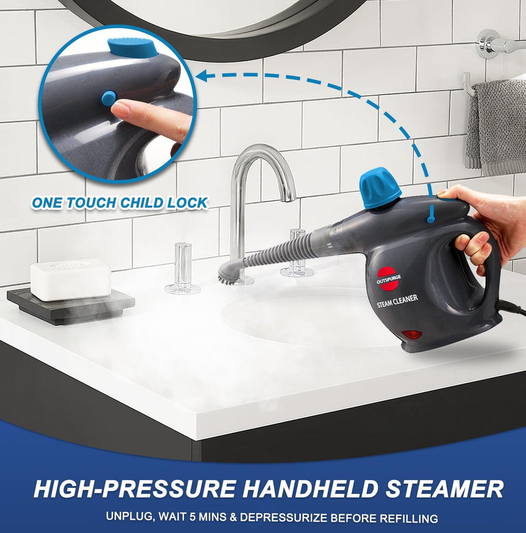 Outspurge Handheld Steam Cleaner, Pressurized Multi-Surface Steam Shot with 13 Accessories, Safety Lock, Steamer for Cleaning Floor, Upholstery, Grout,...