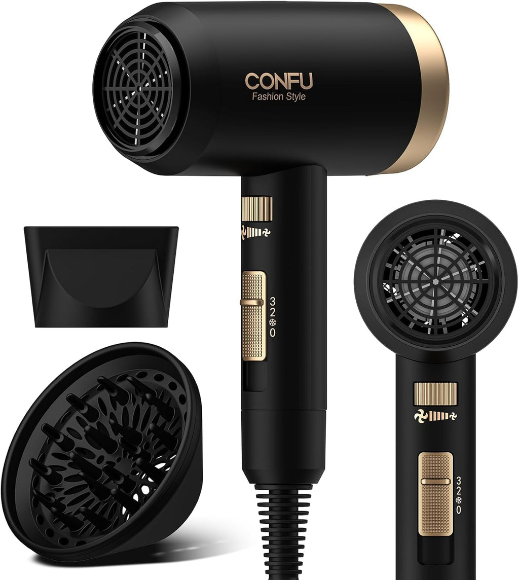 CONFU Diffuser Hair Blow Dryer - Plasma Ionic Professional 1600 Watt Hairdryer Fast Drying for Curly Hair Anti Frizz - Lightweight Portable Ion Blower Dryer..