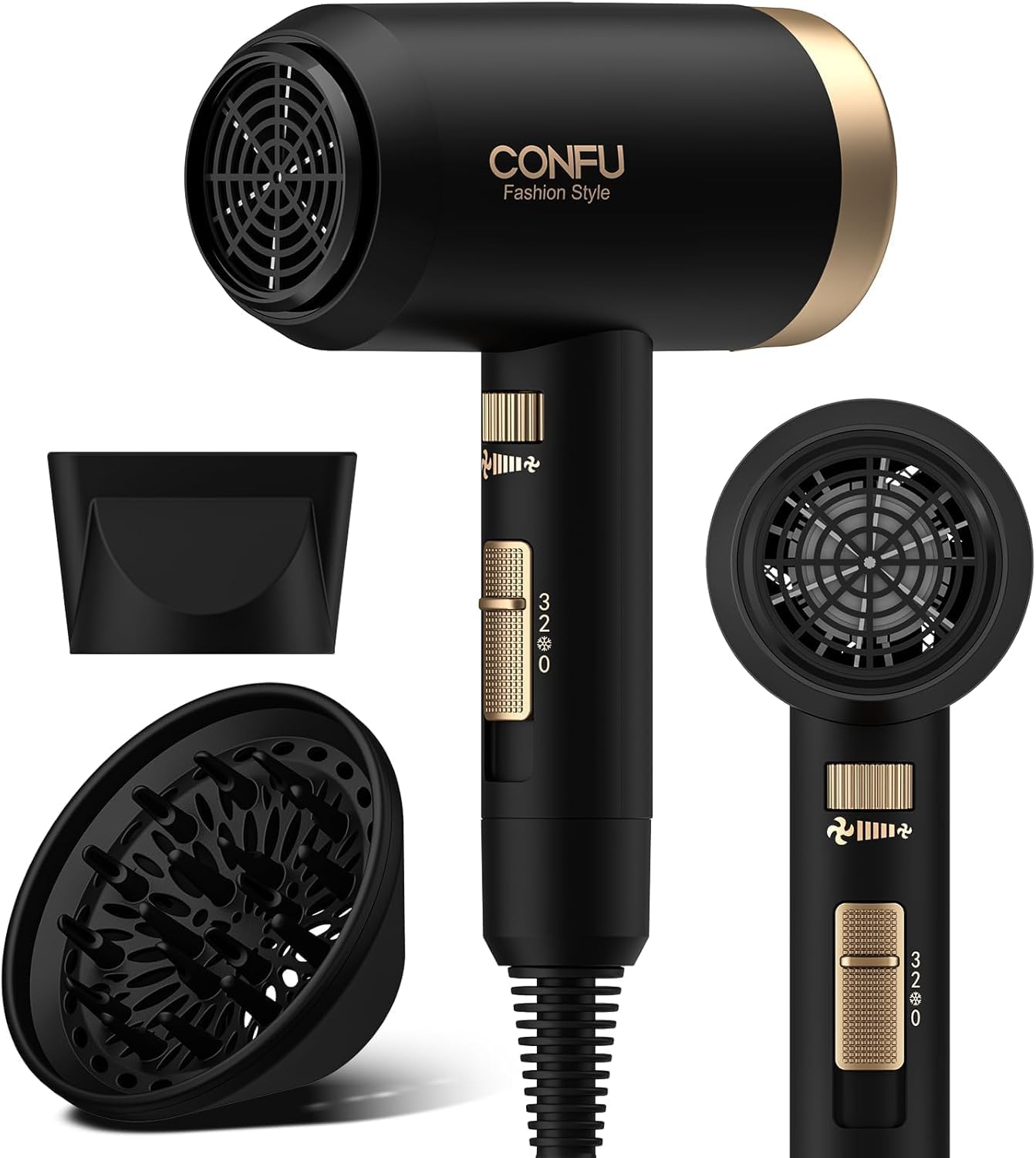 CONFU Diffuser Hair Blow Dryer - Plasma Ionic Professional 1600 Watt Hairdryer Fast Drying for Curly Hair Anti Frizz - Lightweight Portable Ion Blower Dryer..