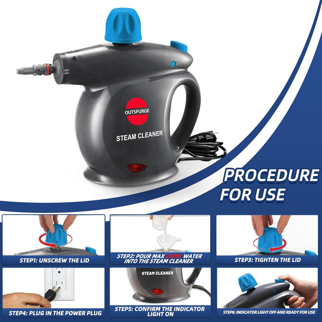 Outspurge Handheld Steam Cleaner, Pressurized Multi-Surface Steam Shot with 13 Accessories, Safety Lock, Steamer for Cleaning Floor, Upholstery, Grout,...