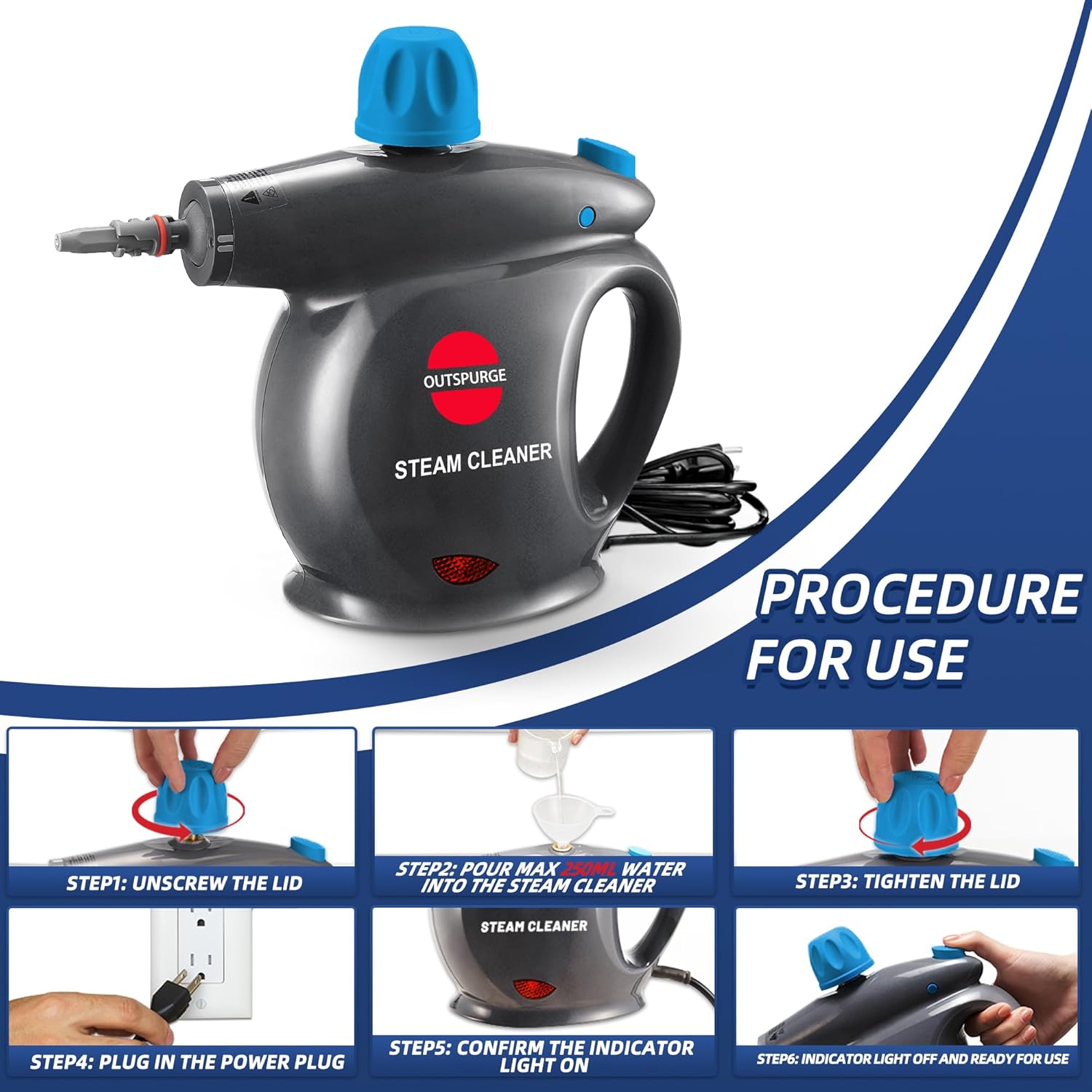 Outspurge Handheld Steam Cleaner, Pressurized Multi-Surface Steam Shot with 13 Accessories, Safety Lock, Steamer for Cleaning Floor, Upholstery, Grout,...