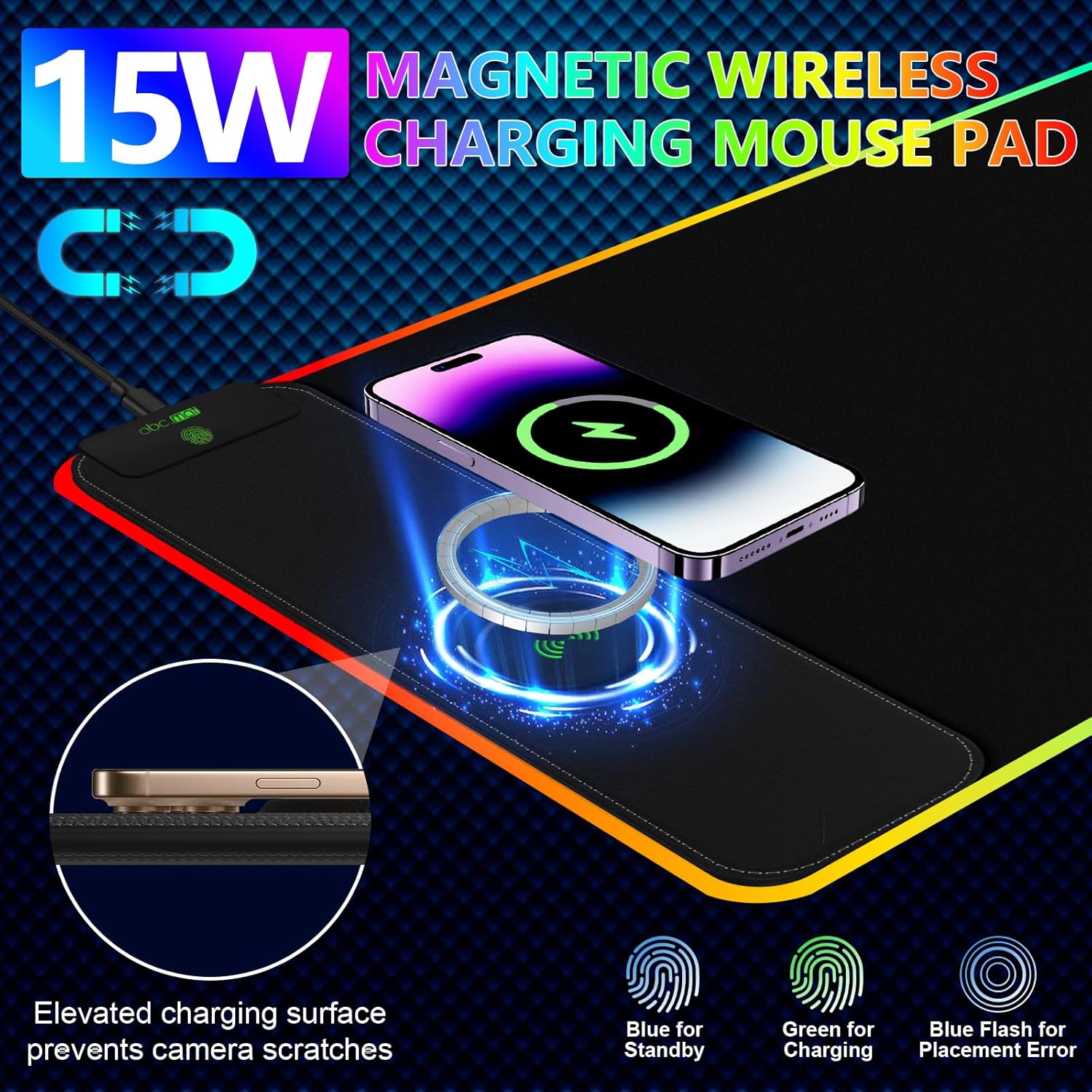 Magnetic Wireless Charging RGB Mouse Pad, 31.5'' x 15.8'' Large LED Gaming Desk Mat, 24 Light Effects, Non-Slip Rubber Base, Waterproof Ultra-Smooth Surface